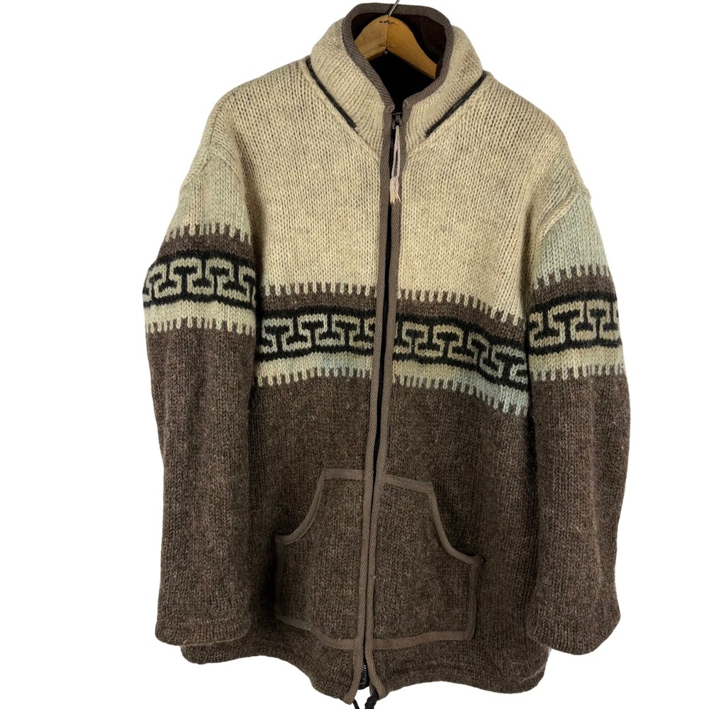 Gorpcore Brown Geometric Heavy Wool Knit Zip Up Jacket Men XL